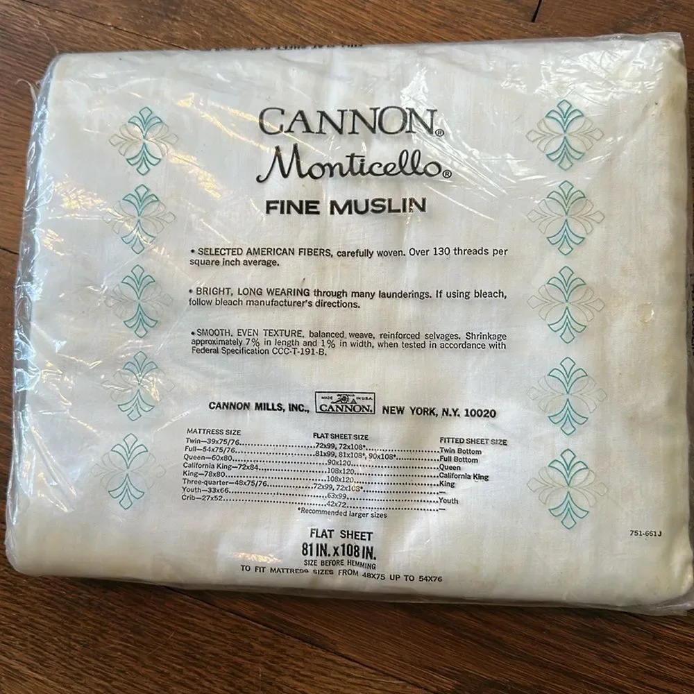 Vintage‎ new in packaging Cannon white Monticello Fine Muslin Full Flat Sheet